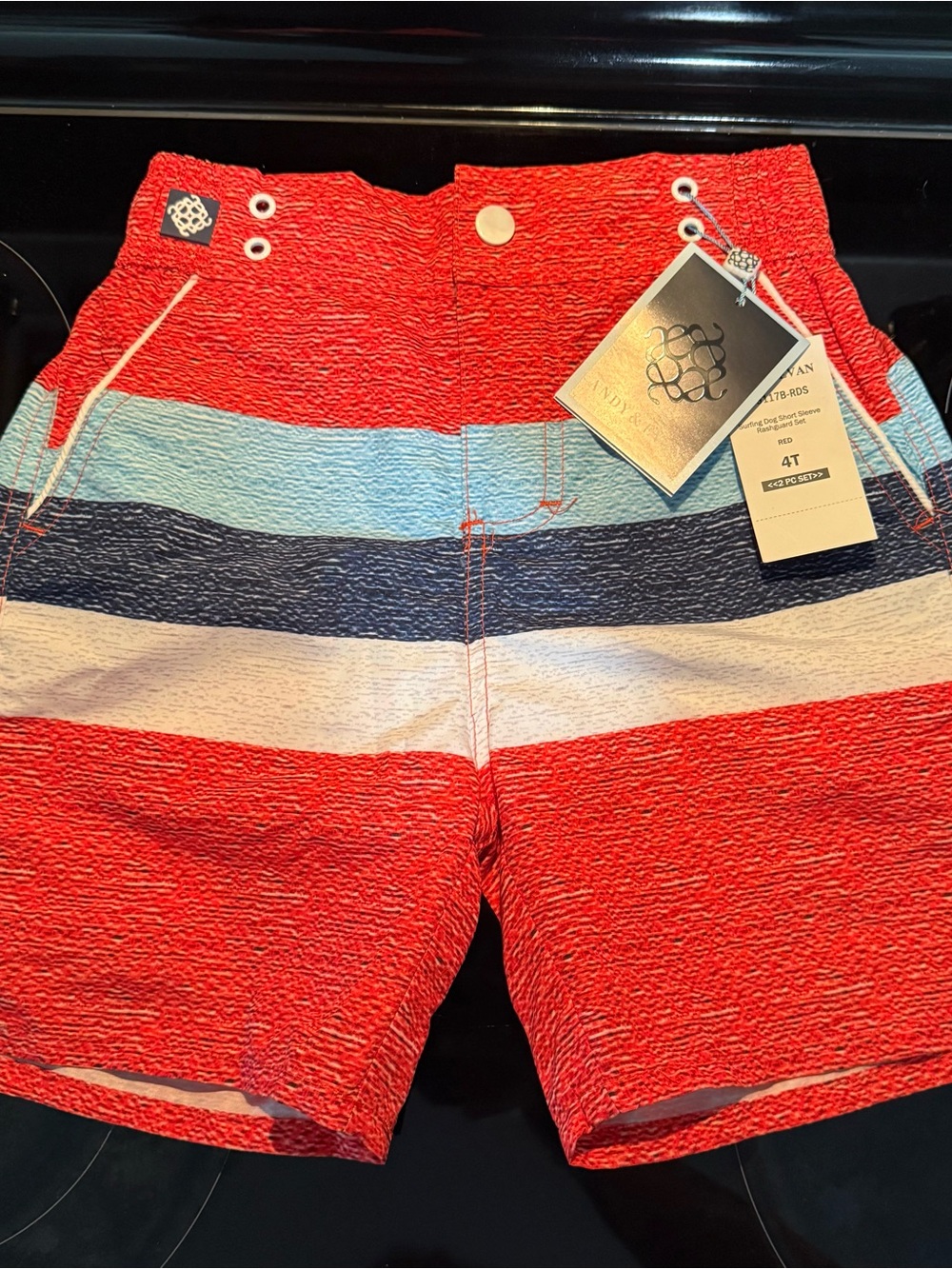 Andy & Evan Red, Light Blue & Navy Stripe Swim Trunks 4T NWT